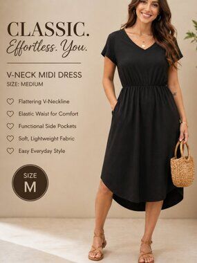 Black‎ V-Neck Elastic Waist Midi Dress | Casual A-Line Flowy Little Black Dress